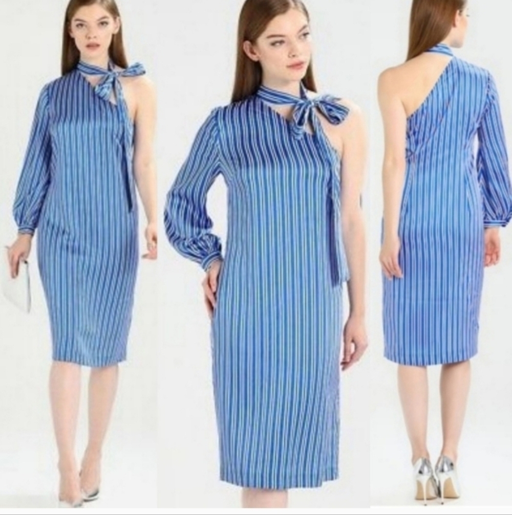 Nwt Banana Republic | One Shoulder Bow Detail Stripe Dress Blue White Sz 6